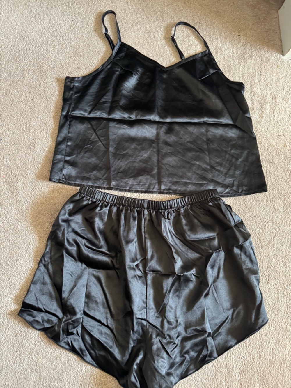 Black Satin Two-Piece  Set - Women's Sleep / Lounge Shorts & Cami